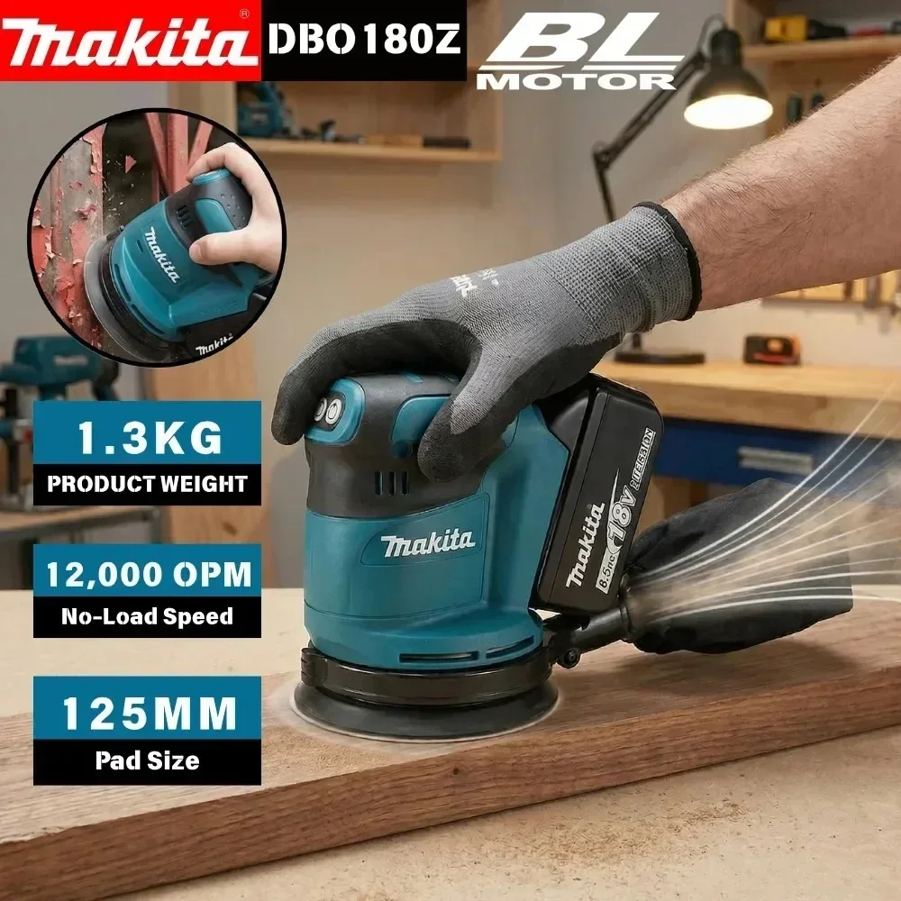 Makita DBO180Z 18V Wireless Brushless Orbital Sander Built Dust Collecting Bag For Car Repair Auto Body Paint Sanding Tool