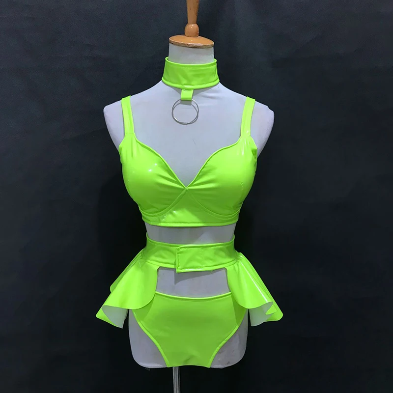 Nightclub Bar Dancer Stage Wear Fluorescent Color Bikini Suit Sexy Pole Dance Costume Rave Outfits Gogo Dancing Clothing VDB3768