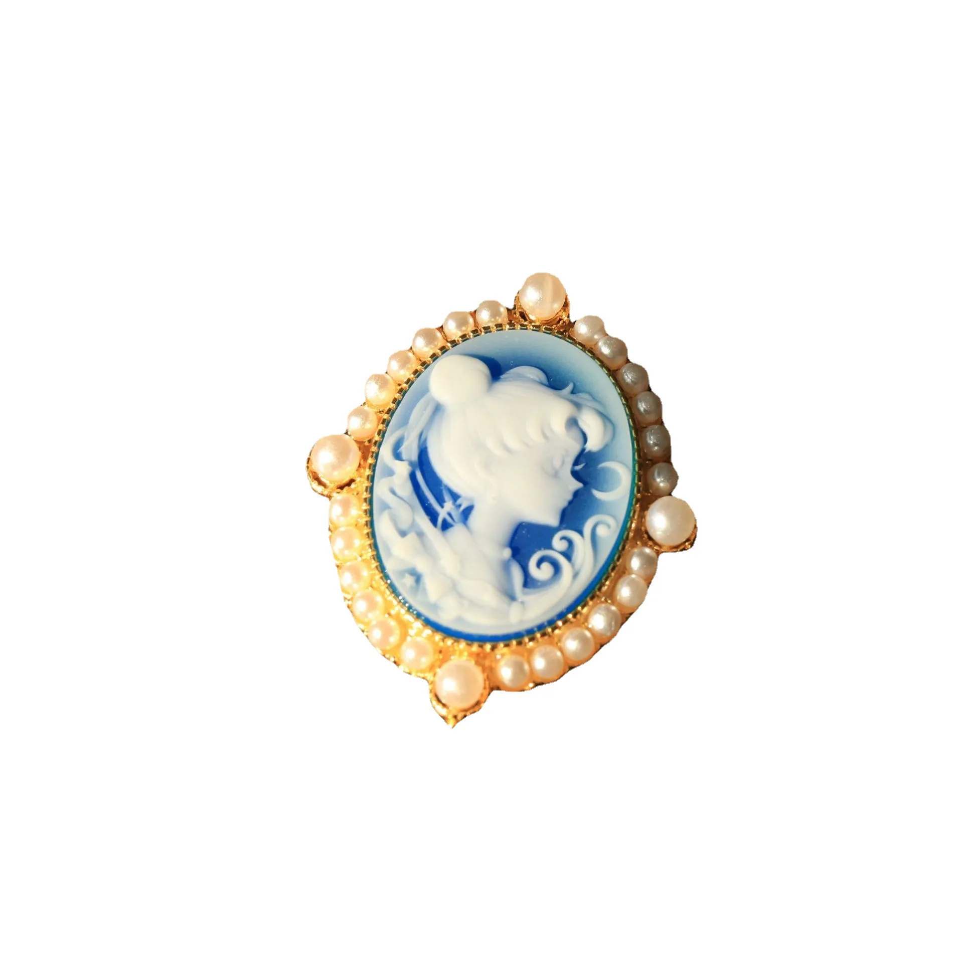 925 Sterling Silver Blue Agate Cameo Pendant Shell Pearl Vintage Lady Portrait Necklace Charm Retro Elegant Fine Jewelry