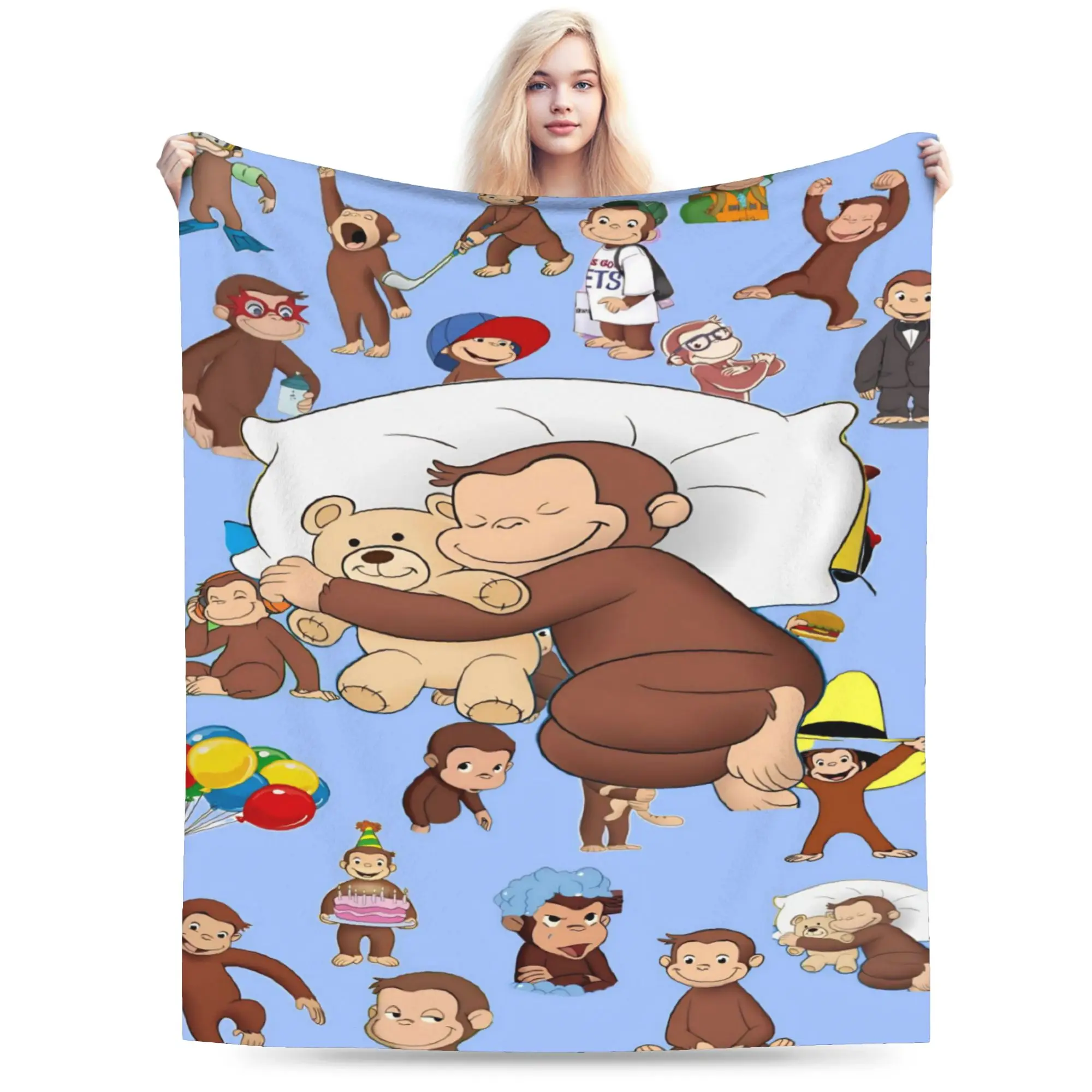 Comfortable Curious George African Monkey  Blanket Stuff Sofa Decorative  Throw Blanket Ultra-Soft Coral Fleece Plush for Car
