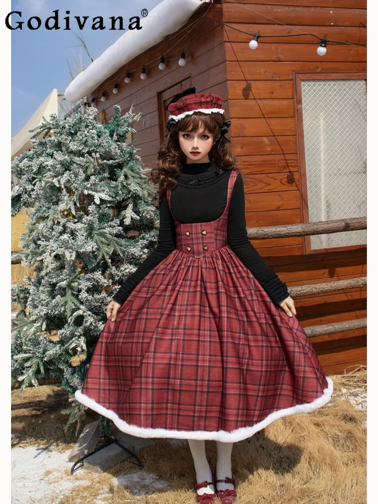 

Christmas Autumn Winter Lolita Long and Short Fishbone Suspender Dress High Waist A-line Versatile Age-reducing Fashion Dresses