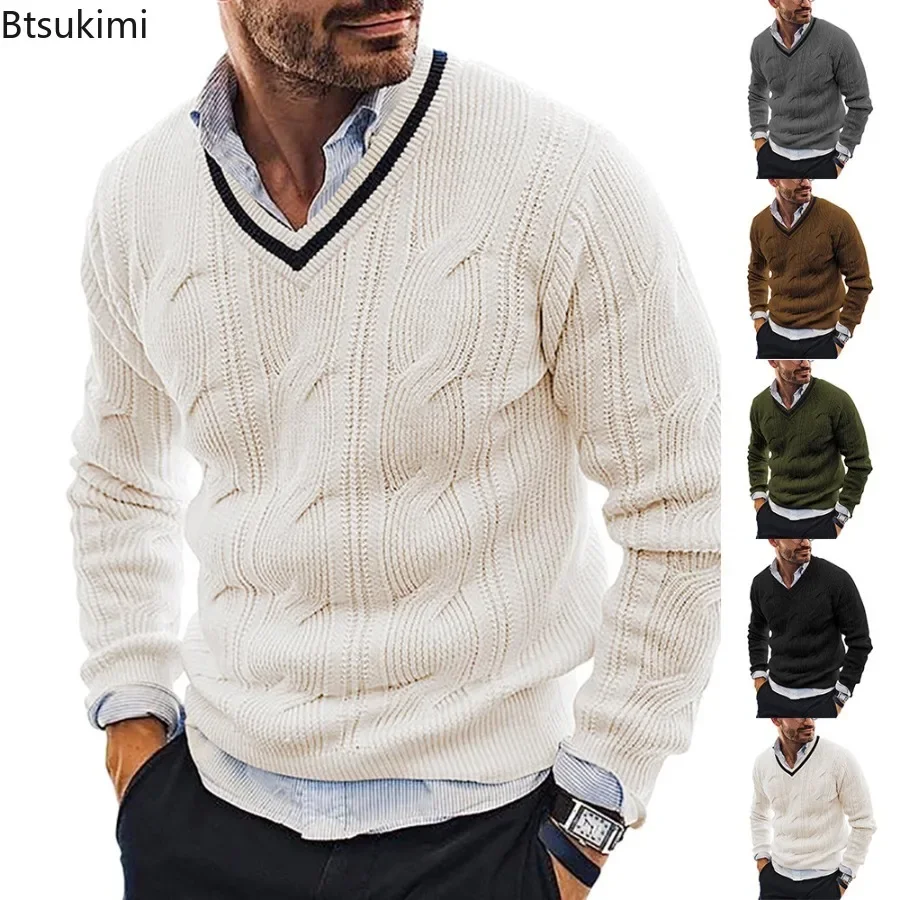 

New2024 Men's Winter Knitted Sweater V-Neck Knitted Pullovers Club Party Solid Slim Warm Knitwear Sweaters Male Streetwear Tops