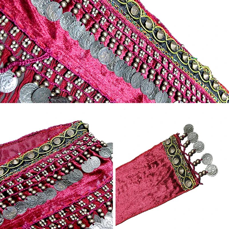 Pas do tańca brzucha z monetami, kostium tribal, frędzle, cekiny, łańcuszek na talię, akcesoria dla tancerki orientalnej/indyjskiej