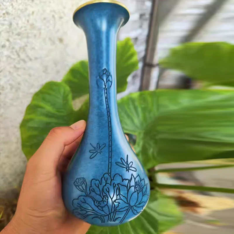 

Chinese Style Creative Copper Vases Ornament, Home Living Room Desktop Decorations, Carving Lotus Pattern, Metal Brass Vase, 1Pc