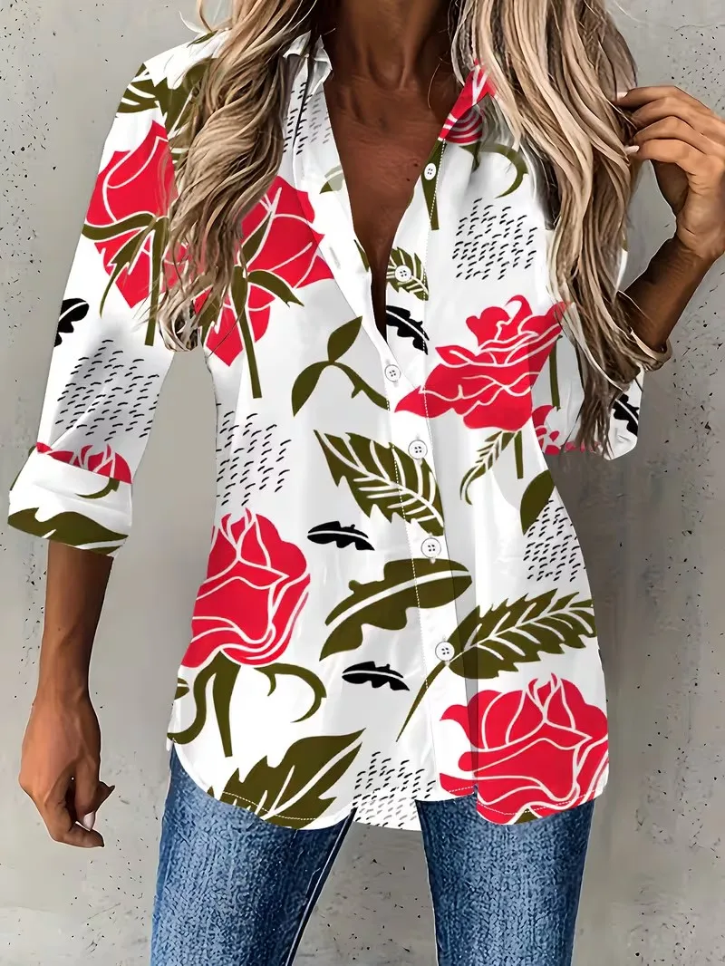 Women 2026 Long Sleeve Shirt Vintage Floral Printing Blouse Elegant Graphic Casual Daily Wear Spring Autumn Blouse Tops