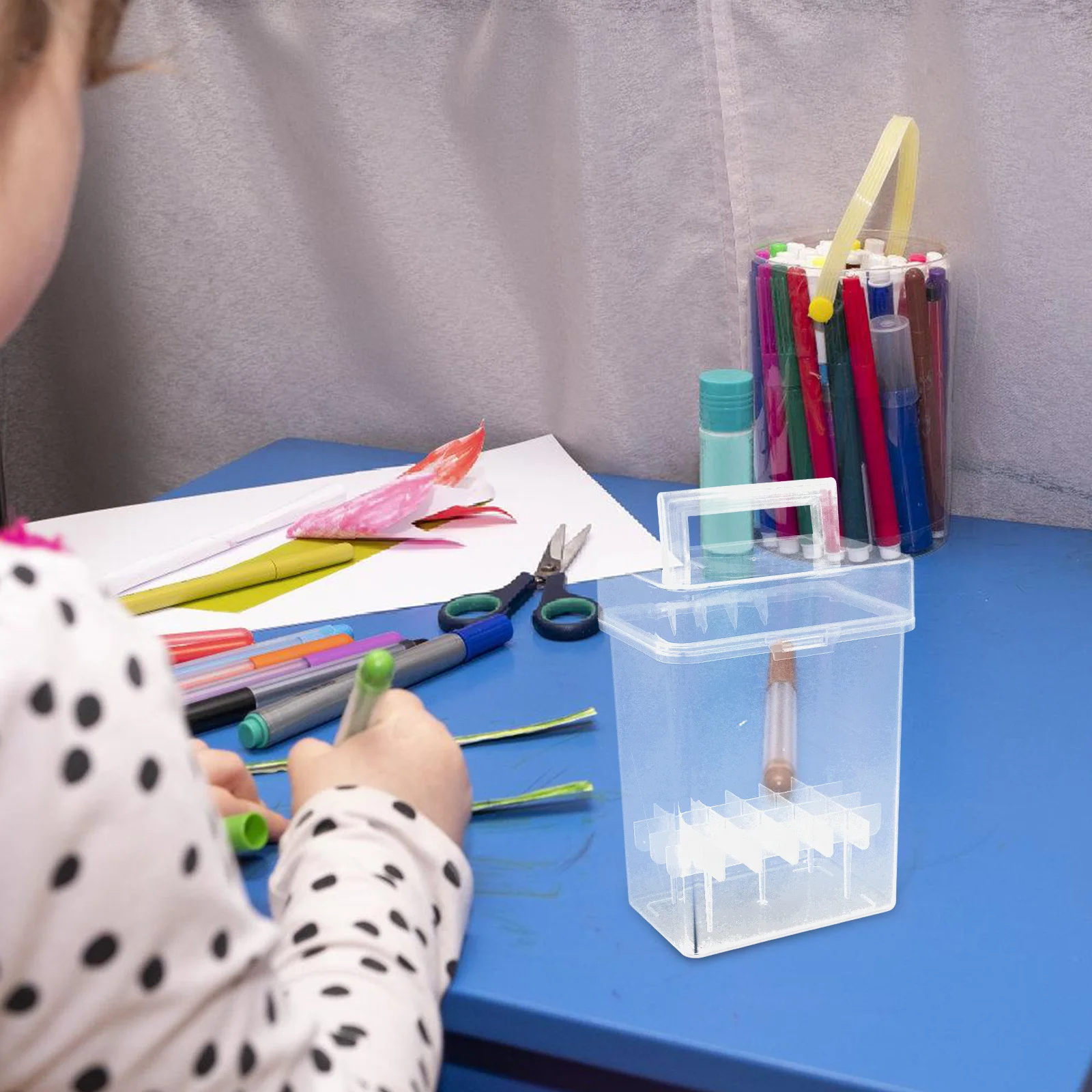 

Clear Pen Storage Case Portable Marker Box Holder Transparent Organizer with Handle Stable Base for Sketching Drawing Supplies