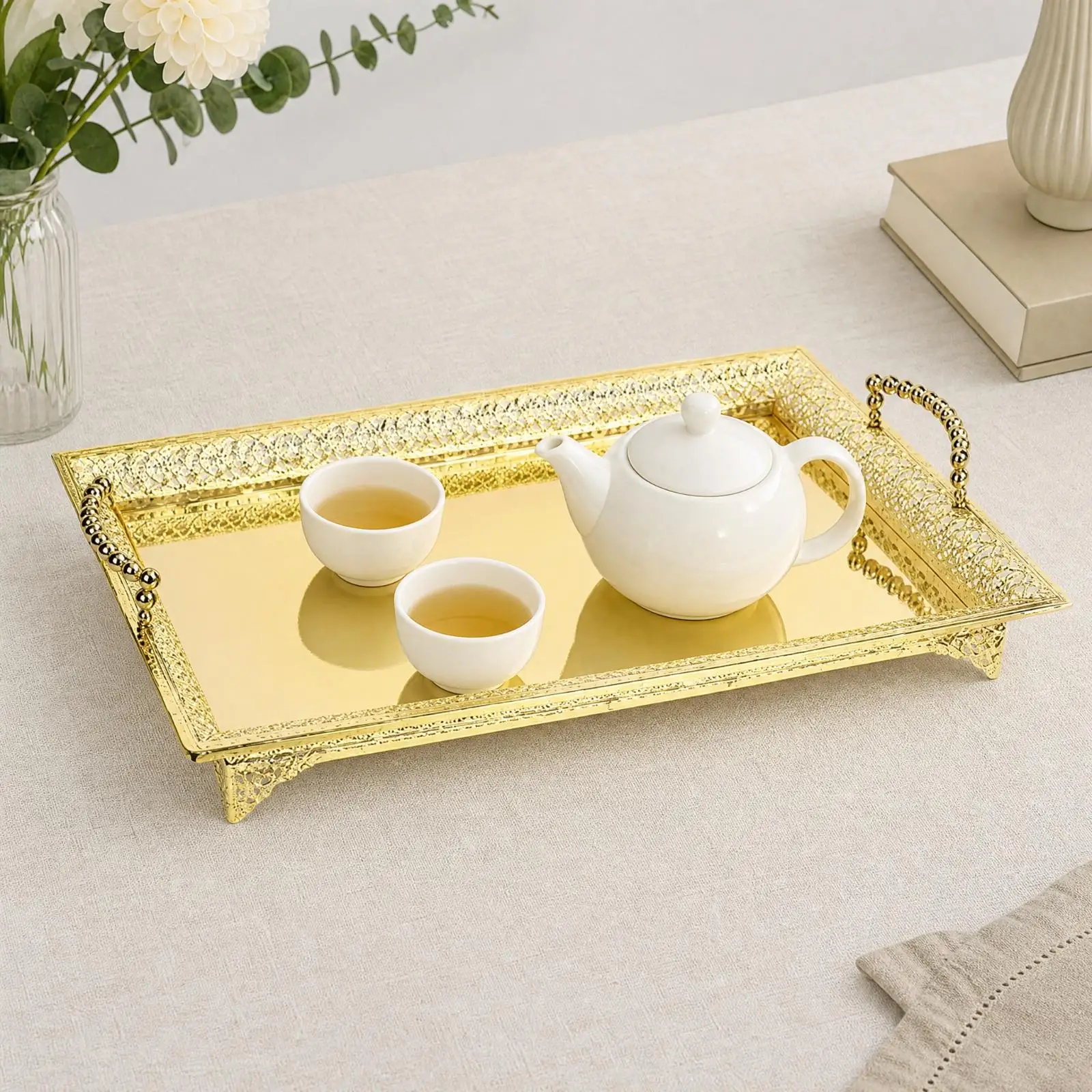 Decorative Serving Tray for Coffee Table Metal Iron Rectangular Tray with Handles for Storage and Display