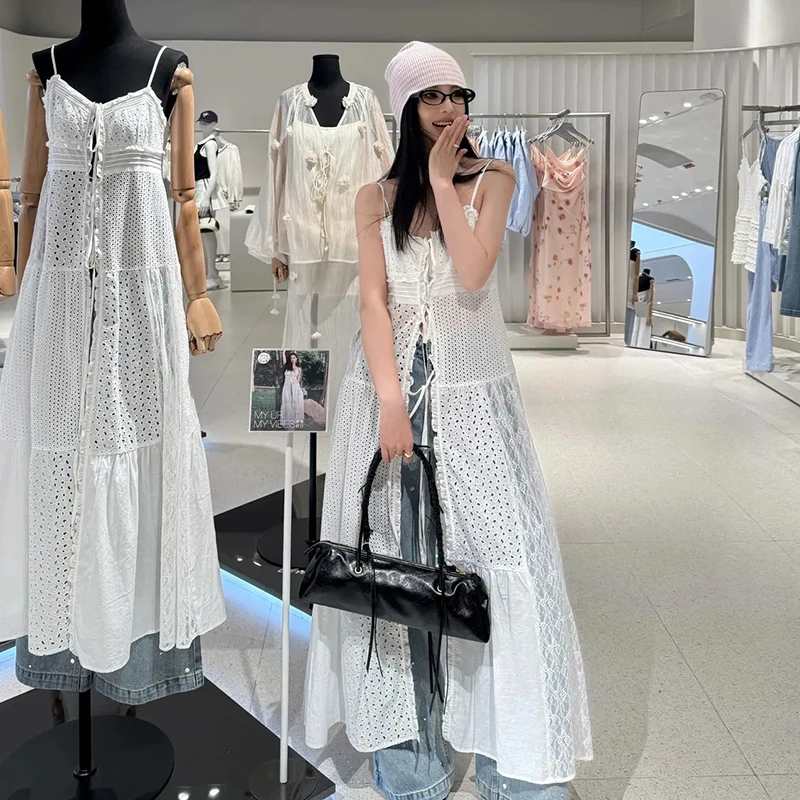 ลูกไม้Patchwork Camisชุดผู้หญิงY2K Holiday Beachชุดยาวแขนกุดเกาหลีแฟชั่นHarajukuเซ็กซี่สีขาวLace Up Vestidos