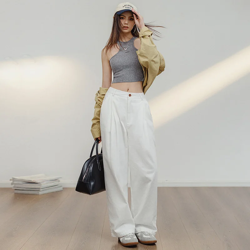 Maden White Cotton Casual Pants for Women Loose Straight Cargo Pants Versatile Wide Leg Pants Summer Streetwear Trousers