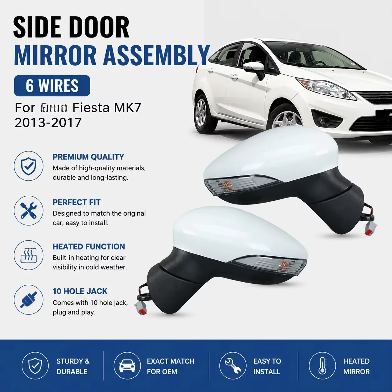 6 Wires Side Door Mirror Assembly for Fiesta MK7 2013 2014 2015 2016 2017 White Heated 10 Hole Jack Wing Mirror Accessories