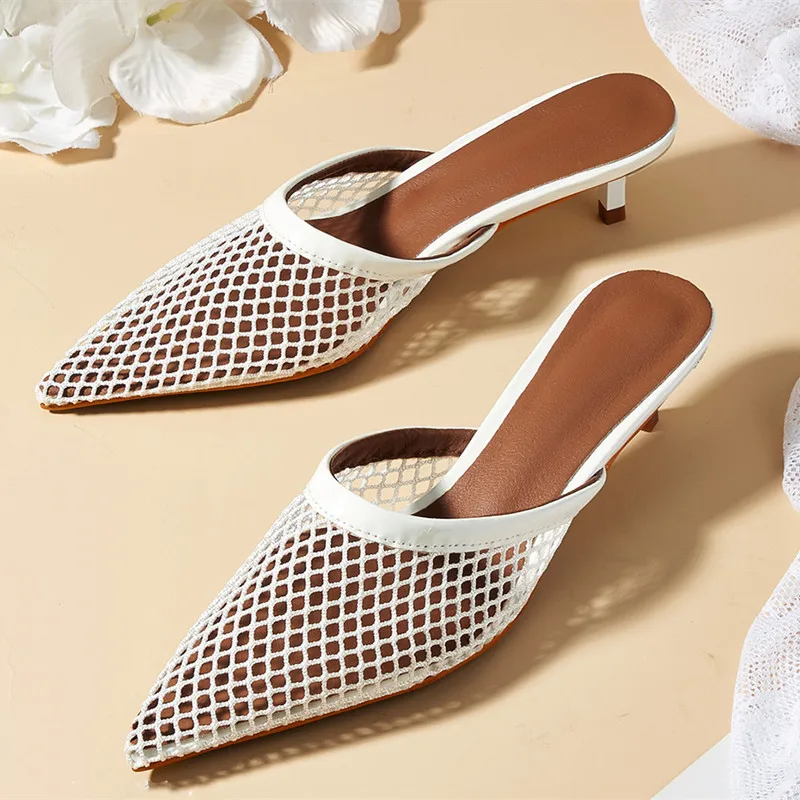 

Уютные дышащие сетчатые тапочки для женщин, модные сандалии с острым носком на каблуке-рюмочке, сексуальные летние пляжные мюли, Zapatos De Mujer