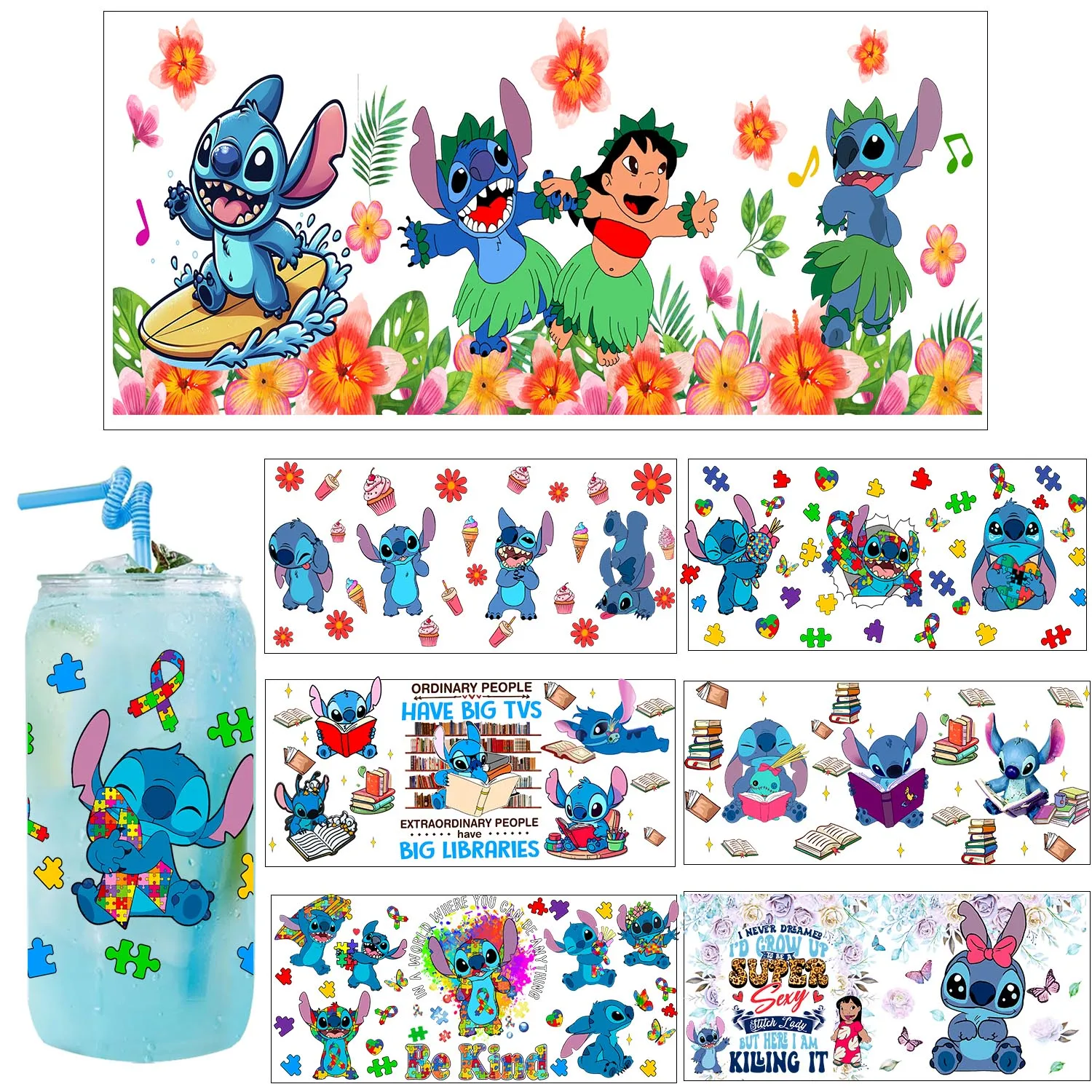 

Summer Vibe Party time Cute Stitch waterproof Party DIY Decals 3D transfers uvdtf tumbler seal stickers 16oz uv dtf cup wraps