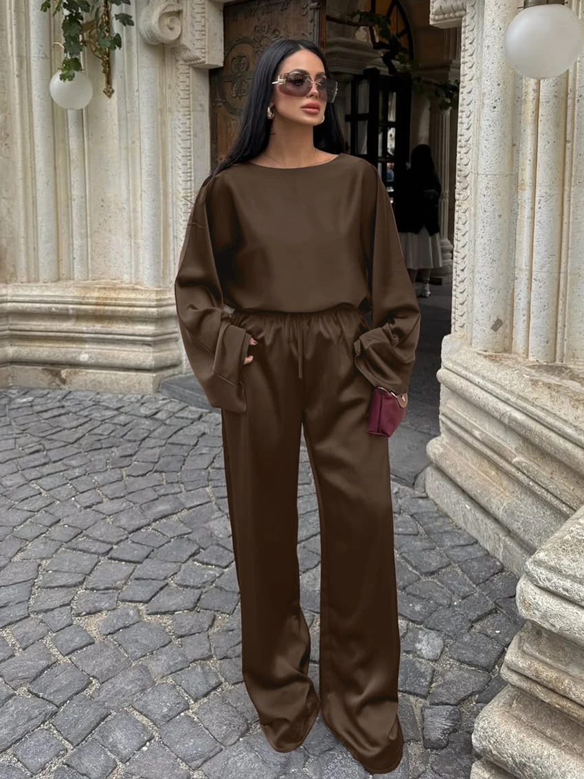 

Mathaqiqi Casual Ladies Pajamas 2 Piece Suit O-Neck Nightgowns Long Sleeve Nightwear Wide Leg Pants Winter Female Sleepwear Set