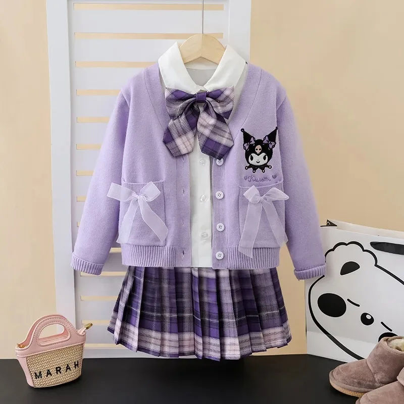 

Kawaii Sanrio Kuromi Melody Children's Suit Autumn Academy Style Pleated Skirt Cardigan Sweater Girl Princess Students Uniform