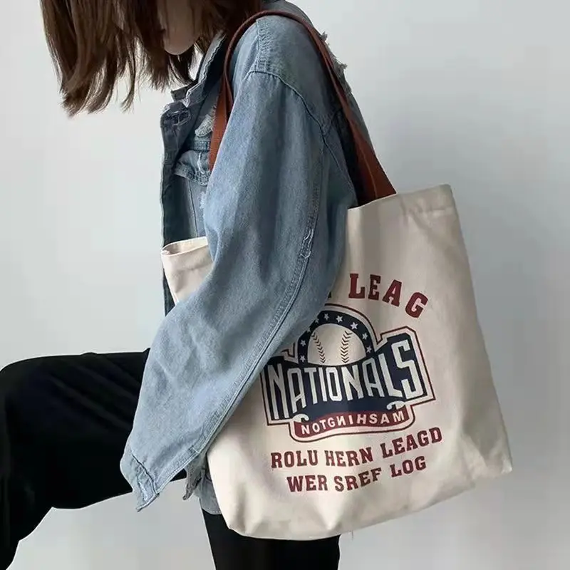 Women Canvas Tote Bag Female Student All-in-one Shopping Letter Shoulder Bag Casual Large Capacity Beach Outdoor Book Bag