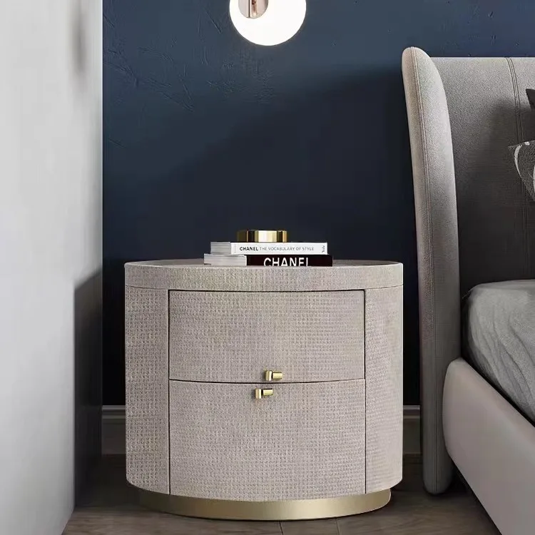 &All solid wood bedside table woven pattern oval rock slab high-end bedside table bedroom small side table