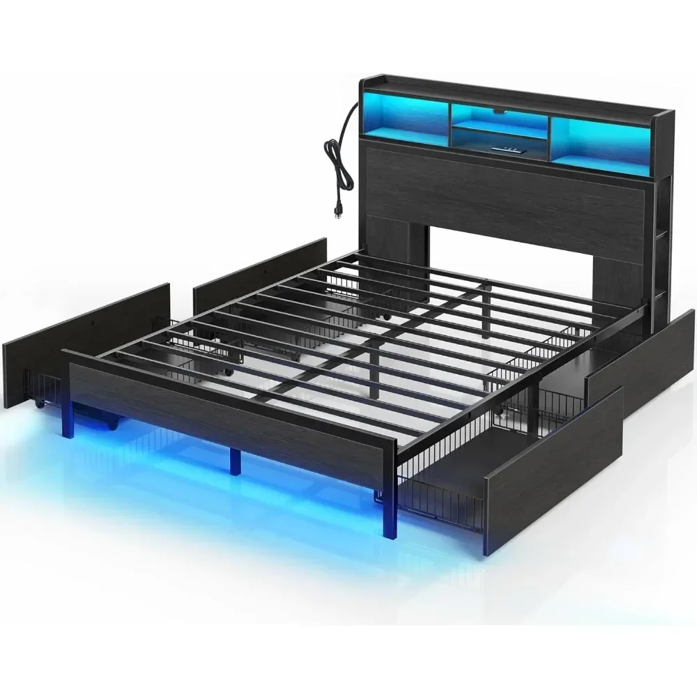 

Queen Size Bed Frame with Storage Headboard, Metal Platform Charging Station, LED 4 Drawers, Bookcase Storage, Bed Frame