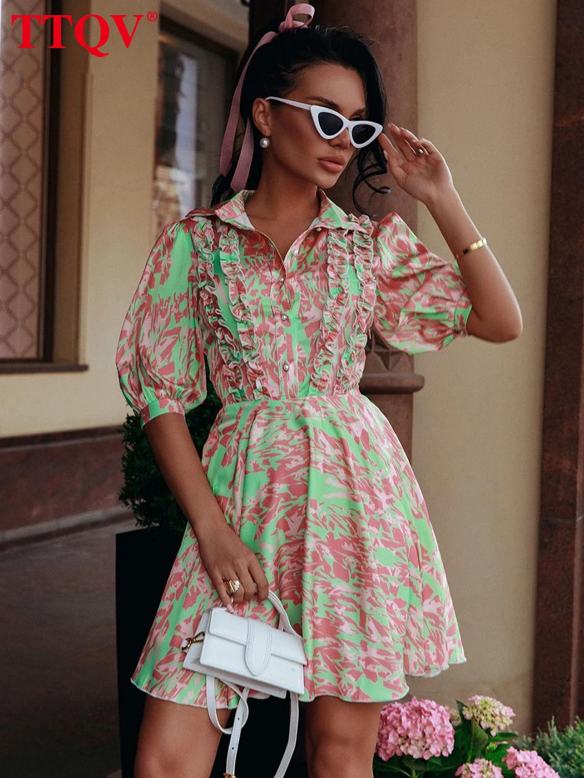 

TTQV Summer Loose Print Women's Dress 2026 Fashion Lapel Short Sleeve Mini Dresses Lady Elegant Classic High Waist Female Dress