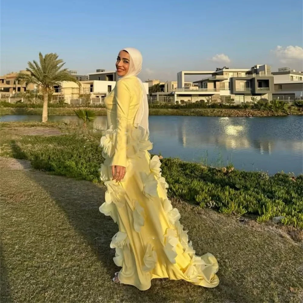 Moda romântico vestido de baile encantador sereia manga longa vestidos de noite flor applique o pescoço vestido no tapete vermelho luxo 2025