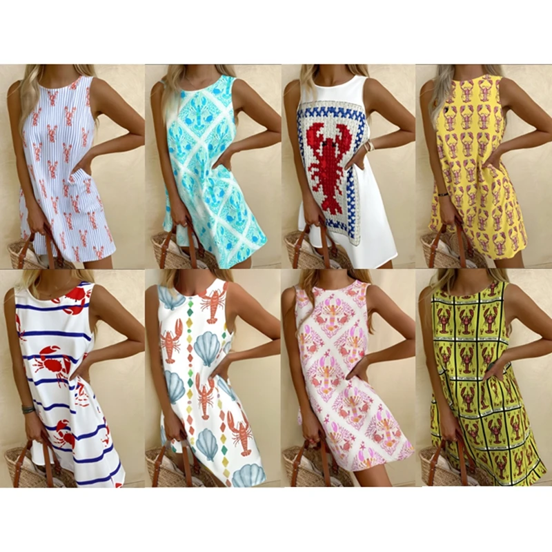 Robe de plage style Boho, Y2K, coquille esthétique, imprimé crabe, col rond, sans manches, coupe ample, courte, ligne a, débardeur, été 2025