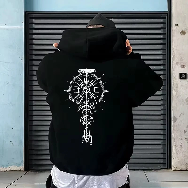 

Men's Hooded Sweatshirt Autumn Winter Casual Sporty Hoodie High Grade Ancient Viking Raven Pattern Coats Male Urban Fashion Tops