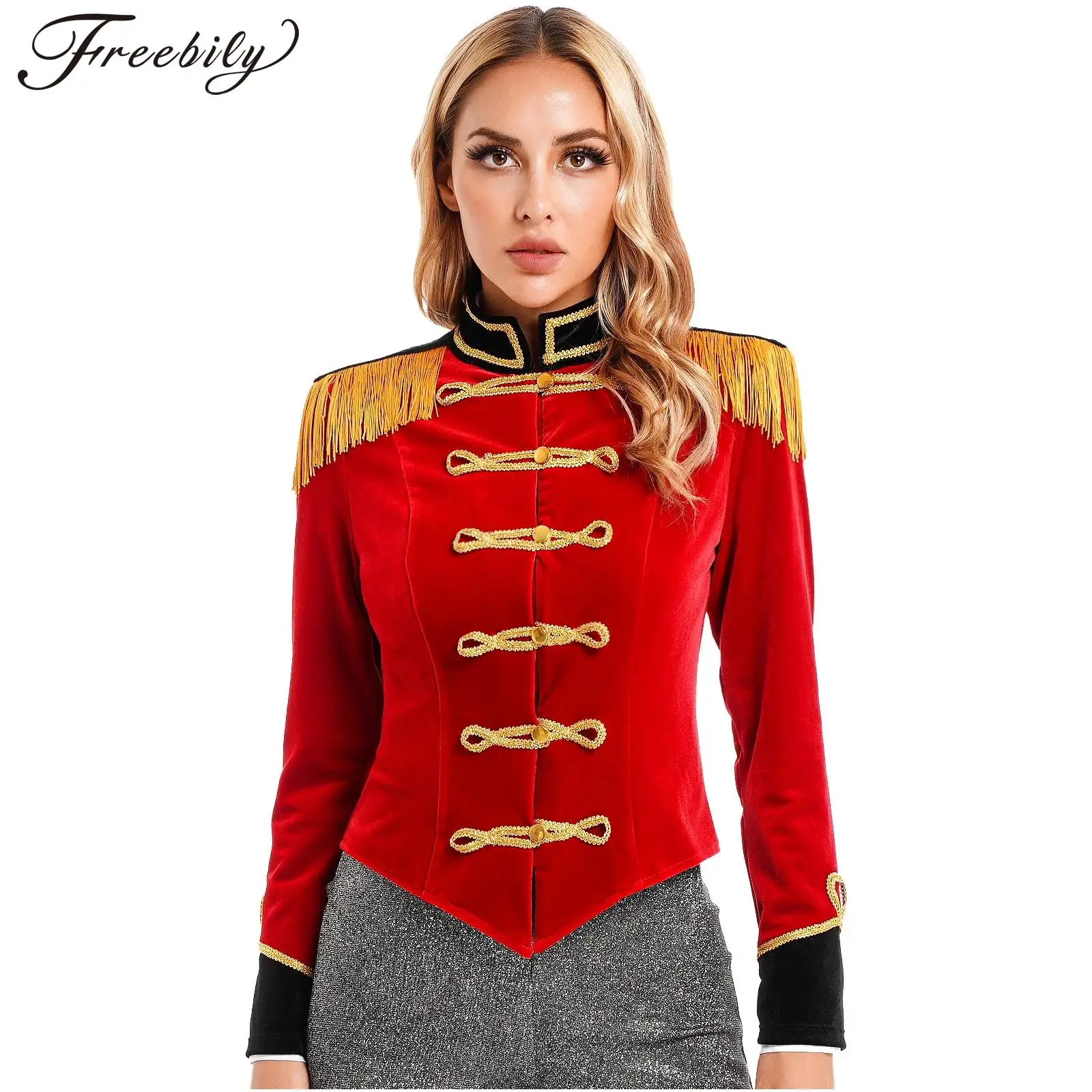 

Womens Circus Ringmaster Jacket Coat Stand Collar Fringed Shoulder Board Velvet Victorian Tailcoat Halloween Party Dress Up
