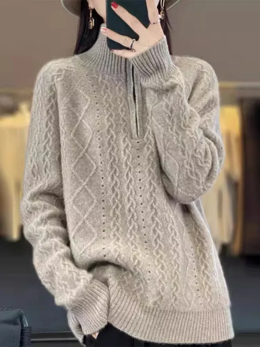 

Женский вязаный свитер с высоким воротником на молнии, утепленный, с длинными рукавами, осенне-зимний, свободного кроя, в корейском стиле