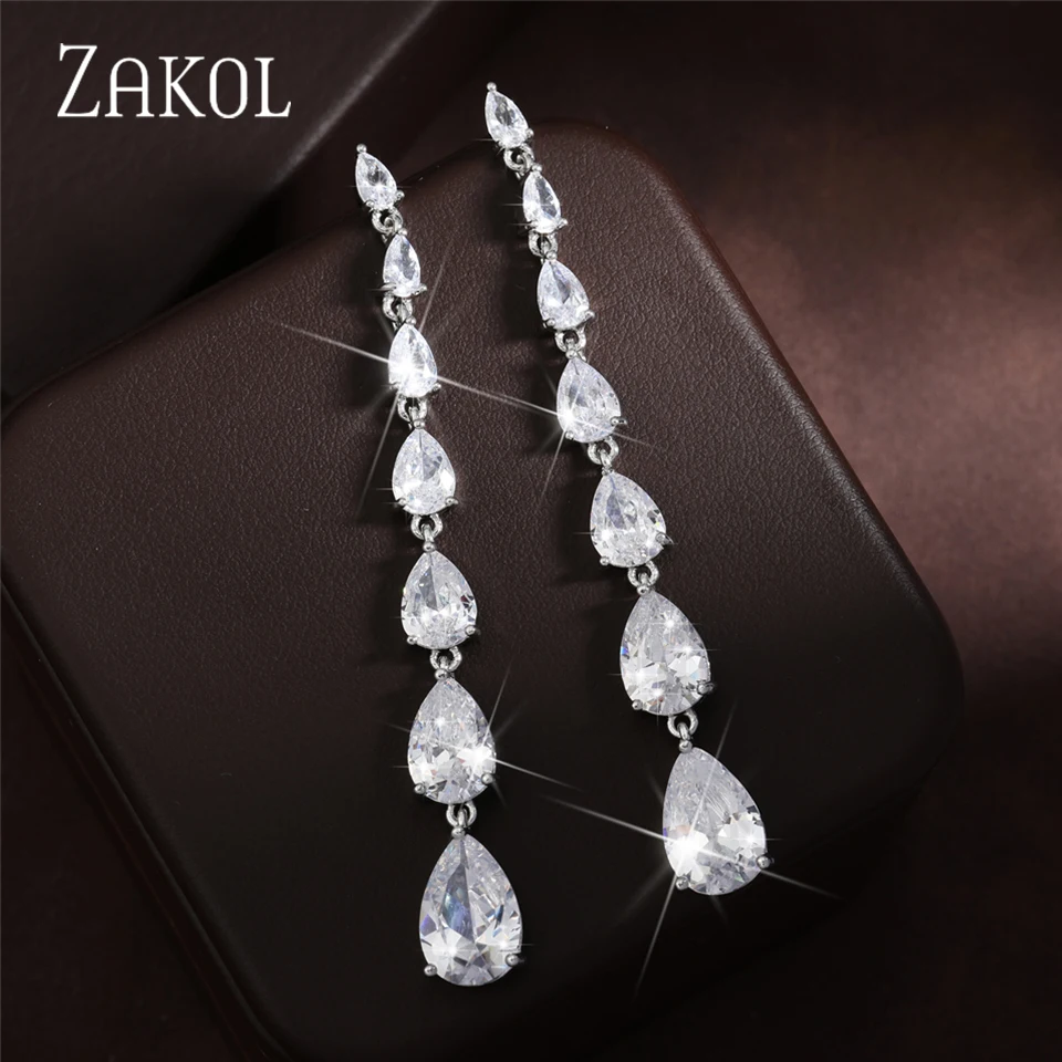 ZAKOL Luxury Water Drop Cubic Zirconia Long Dangle Earrings for Women Wedding Party Jewelry EP1086