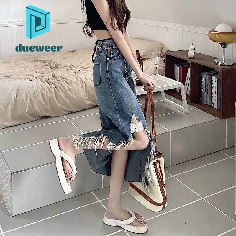 

DUEWEER Summer New Vintage Denim Skirt Jeans Elegant Women's High Waist Midi Skirt Harajuku korean Fashion 2022 Long Skirts