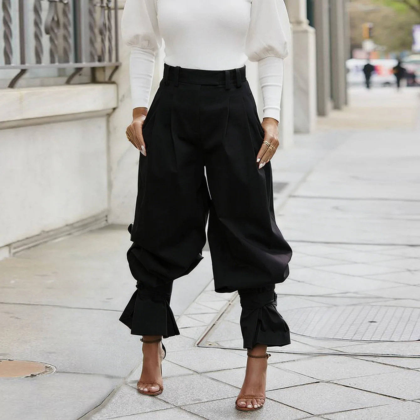 Women High Waist Pleated Lantern Pants, Loose Wide Leg Trousers With Ruffle Cuffs, Casual Baggy Jogger Pants For Female