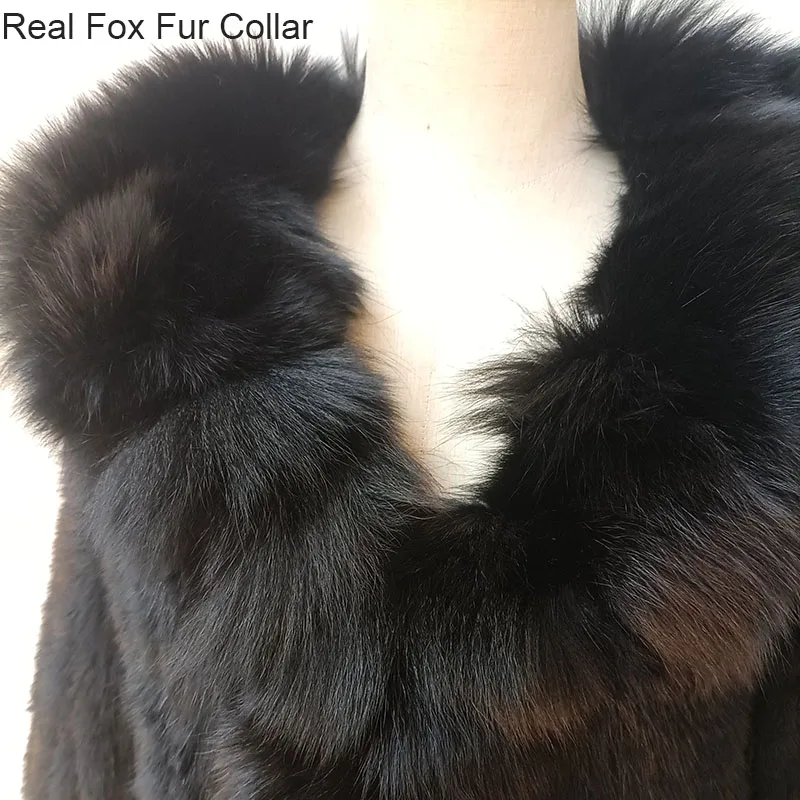 Women Winter Knitted Short Real Rabbit Fur Coat With Fox Fur Collar Long Sleeve Ladies Genuine Fur Jacket Outwear