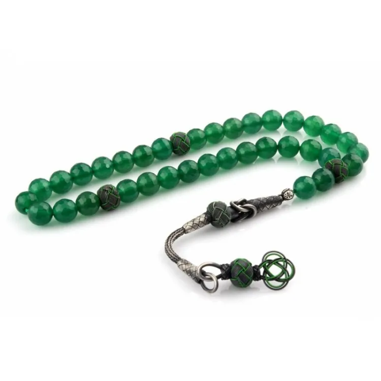 

1000K Sterling Silver Sweater Tassel Rosary Green Agate Stone Tasbih Islamic Gift, Muslim Tasbeeh Prayer Beads 33 Piece