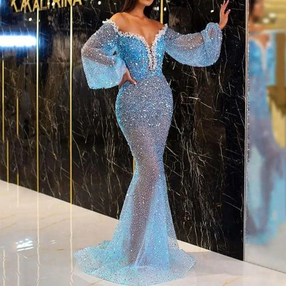 Women V-neck Fishtail Dress Off Shoulder V-neck Puff Long Sleeve Gown Dress Elegant Sequins Decor See-through Dress