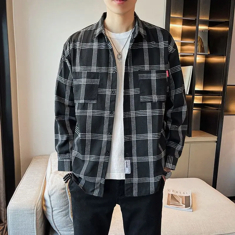 

Весенне-осенняя клетчатая свободная мужская одежда с длинными рукавами, новый стиль, тонкие красивые простые универсальные универсальные простые рубашки Y2K