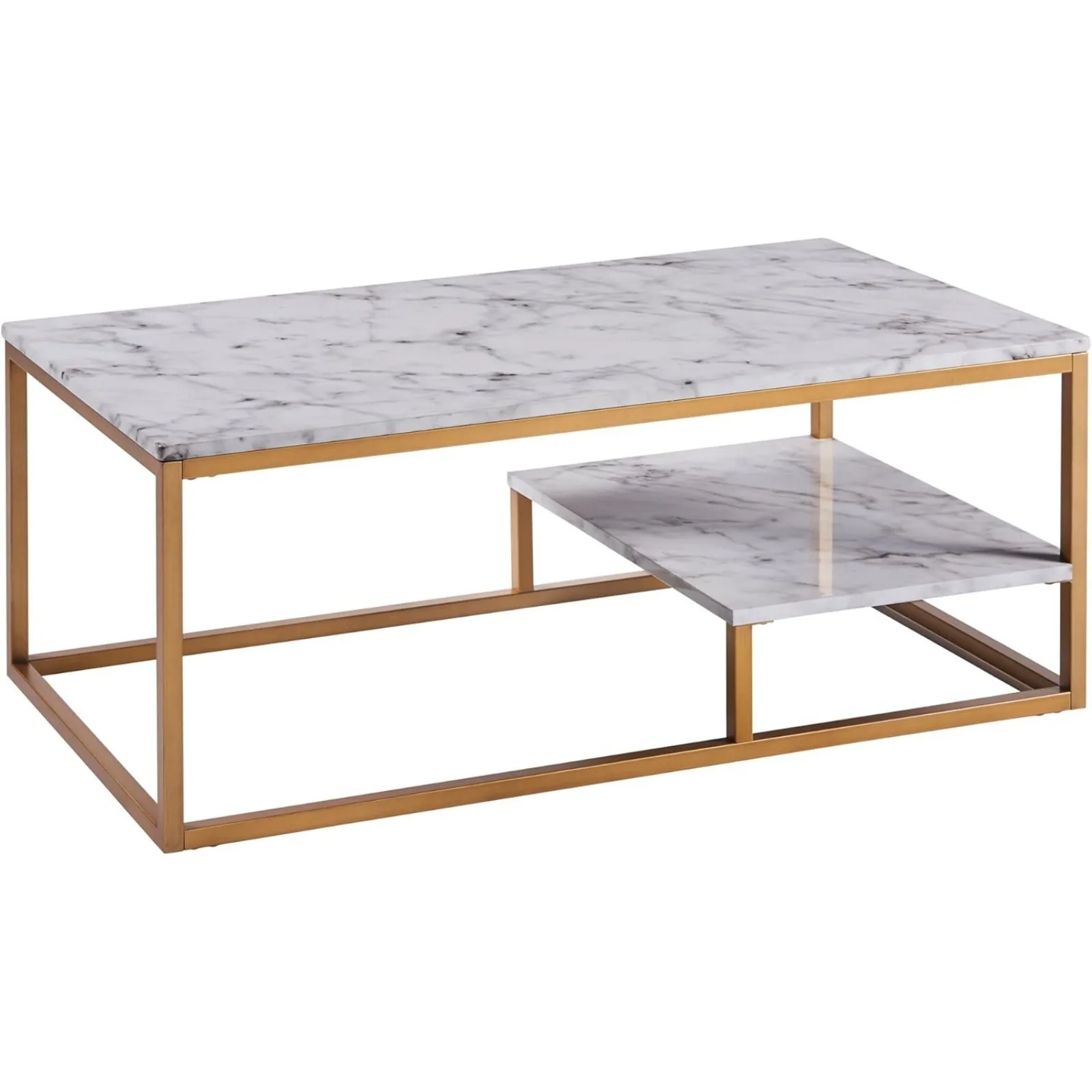 US  Kingston Wooden Coffee Table with Storage and Marble-Look Top for Living Room Home and Office, Walnut