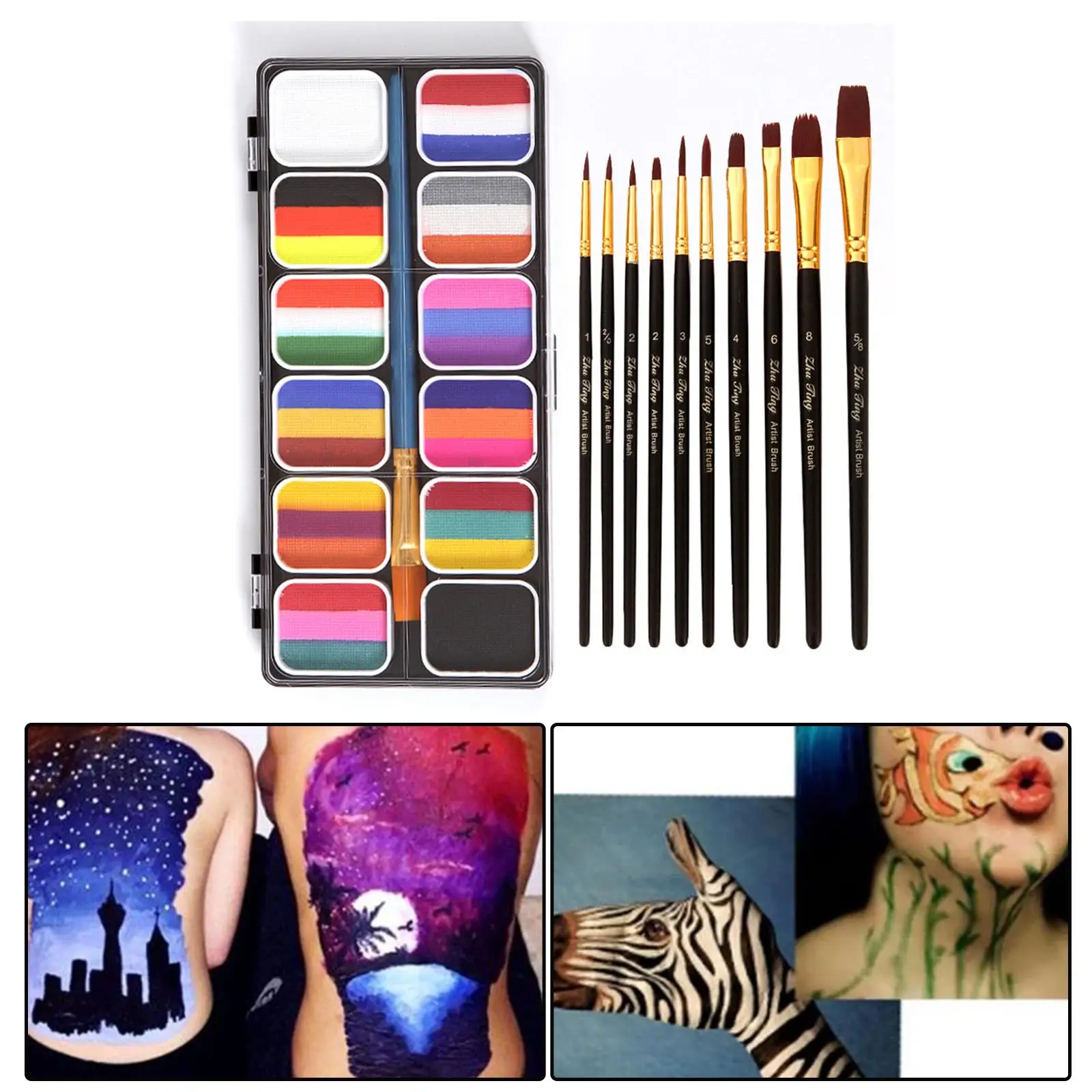 

Painting Palette Makeup Kit Wood Paint Brush Costume Face Body for Fancy Dress Adults Kids Party Christmas