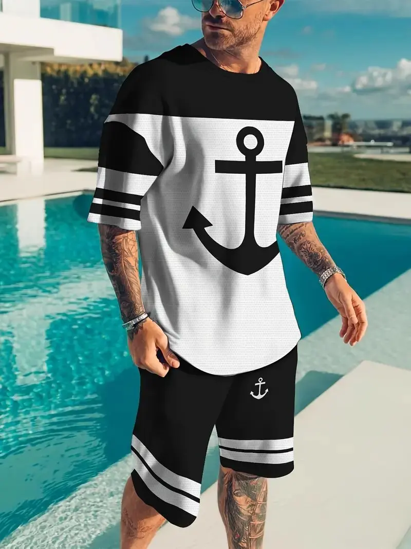 

Men's Summer Two-Piece Anchor 3d Printed Short-Sleeved Round Neck T-Shirt And Drawstring Shorts Outdoor Men's T-Shirt Suit