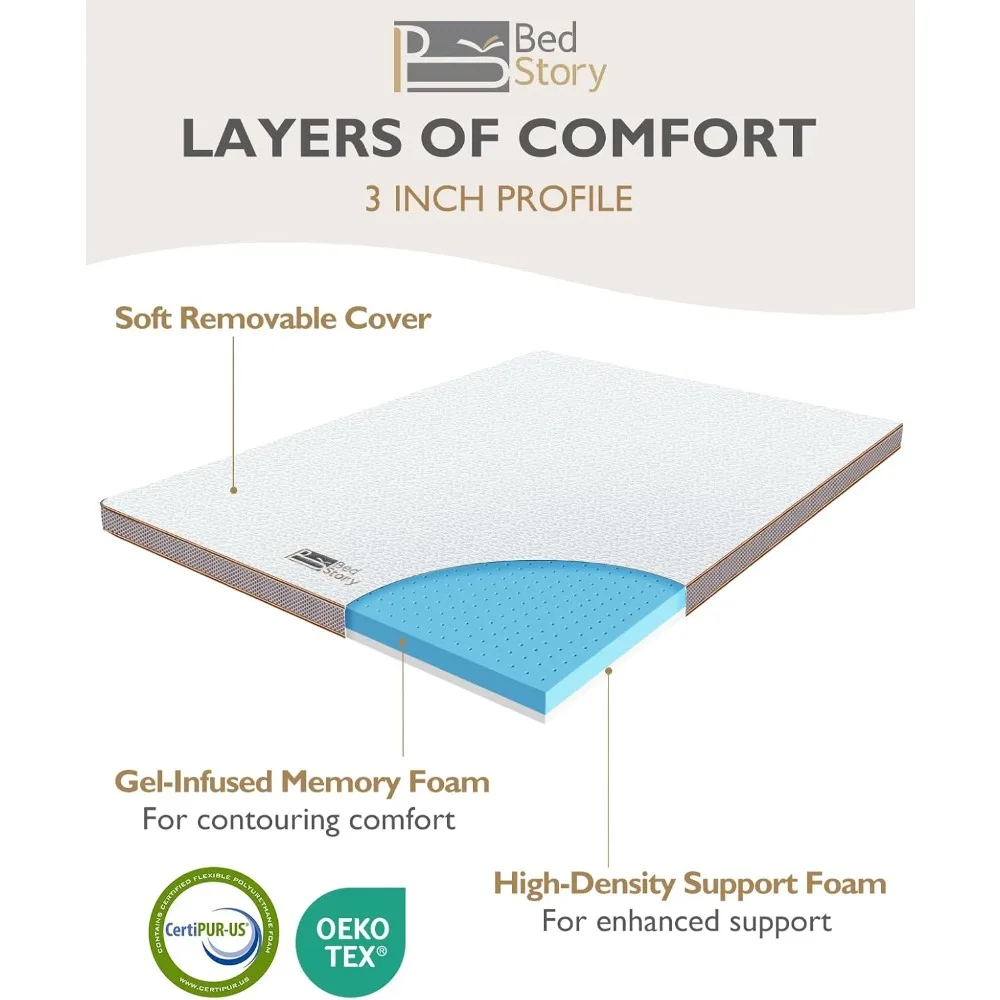 퀸 젤 매트리스 토퍼, 주입 메모리 폼 매트리스 토퍼, 침대 토퍼, 제거 가능한 세척 가능 커버 포함, 퀸 사이즈, 3 인치