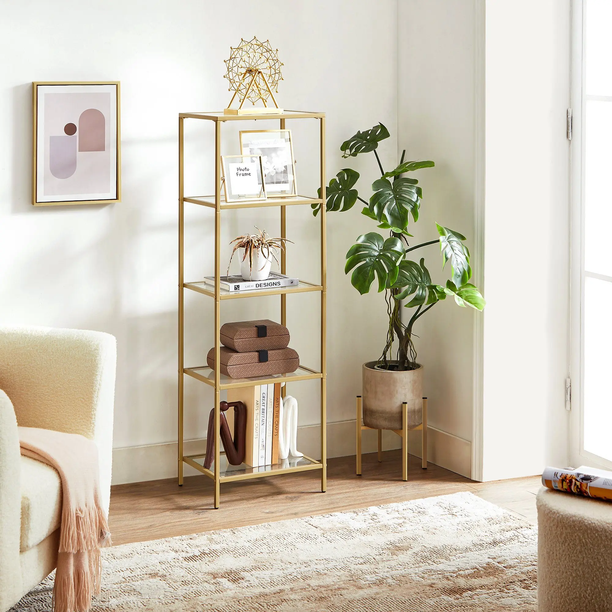 Bathroom shelf, standing rack, gold color