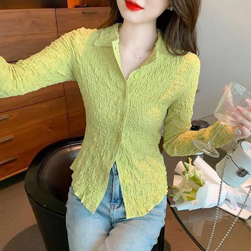 

Fashion Lapel Korean Solid Color Folds Asymmetrical Shirts Women's Clothing 2024 Spring New Loose Casual Tops Sweet Blouses