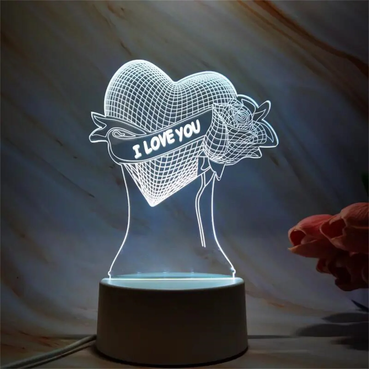 1pc Rose Love 3D Night Light, 3D Optical Illusion Lamp With Touch, 7-Color Changing Ambient Light For Bedroom