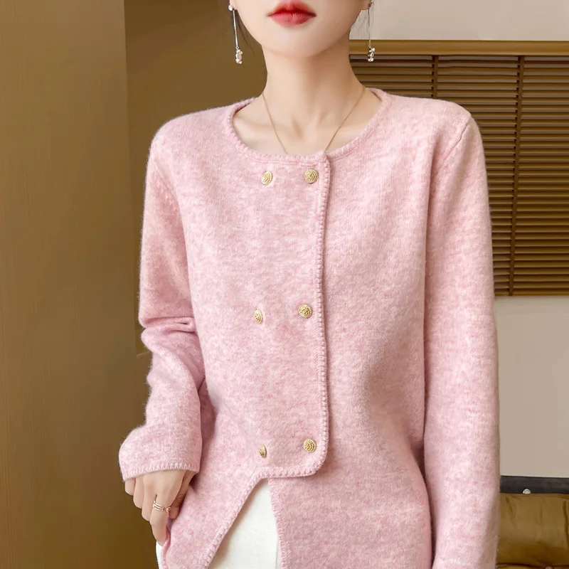 100% pure wool knitted cardigan, O-neck women's sweater, stylish and exquisite women's long sleeved jacket, wool sweater new