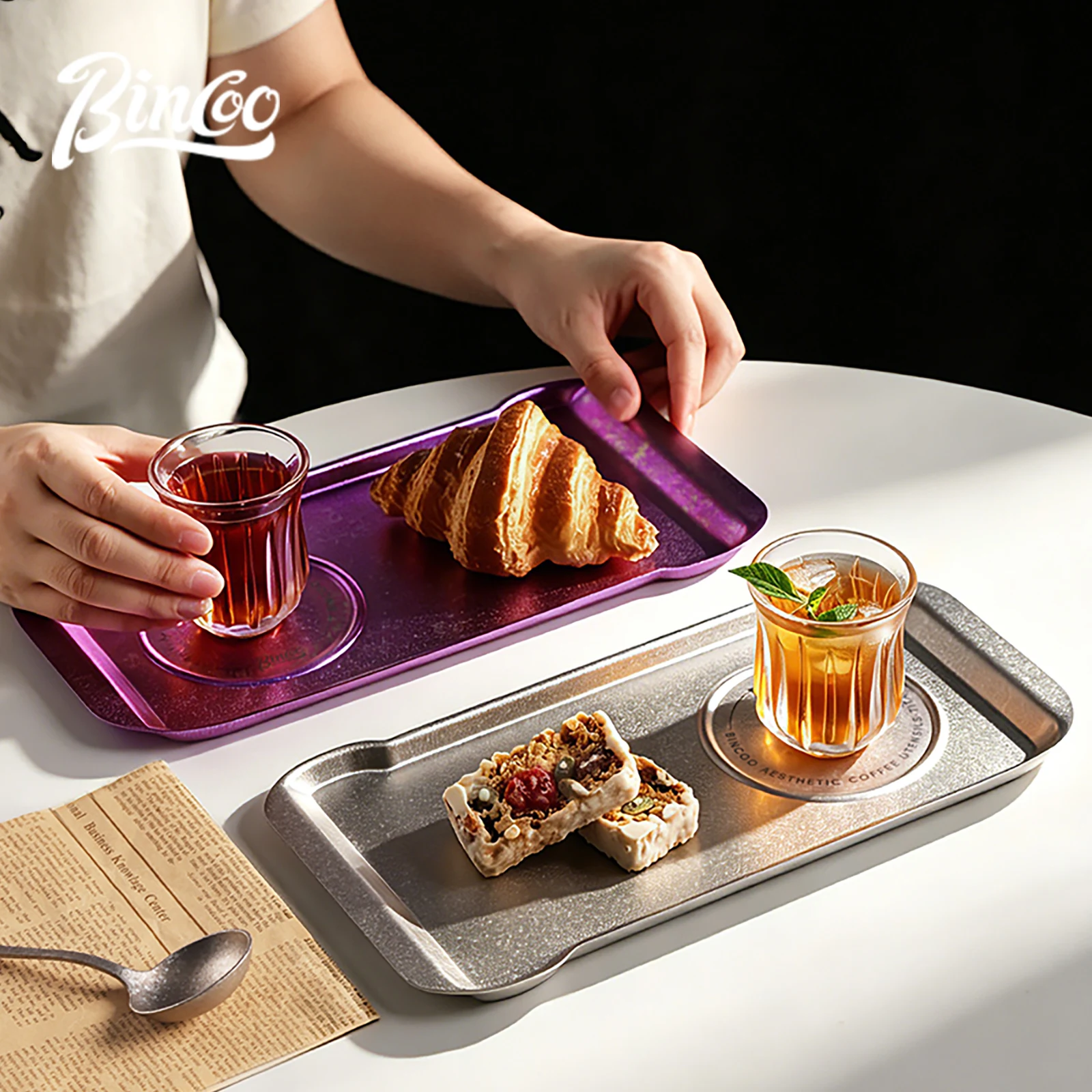 Bincoo Pure Titanium Coffee Platter – Serving Tray for Iced Latte, Americano, Cake Storage, Dessert Display Plate