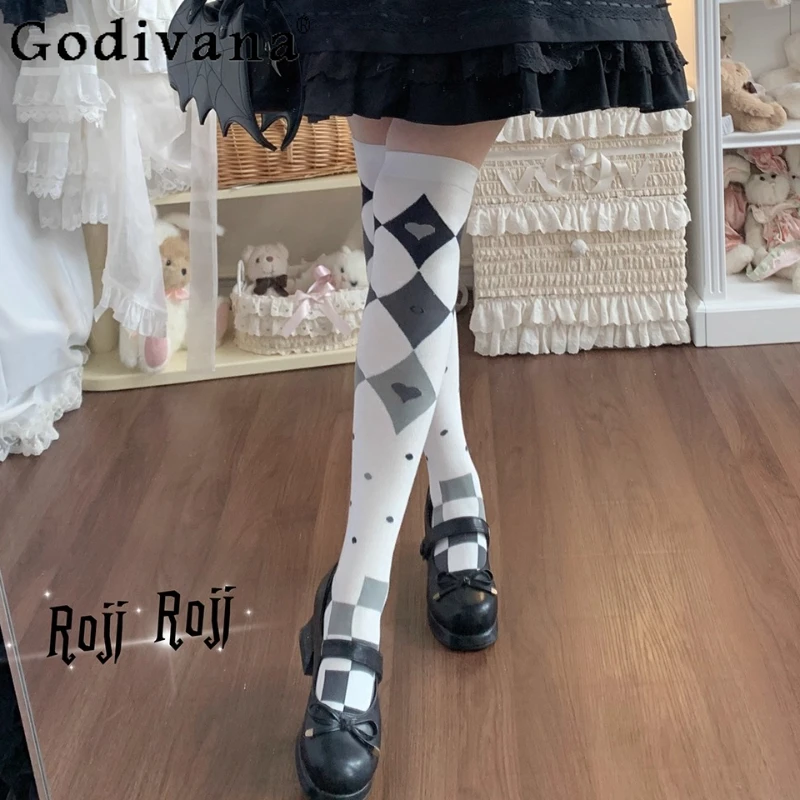 

Japanese Sweet Lolita Style Plaid Socks Women's Spring and Autumn Cotton Knee High Socks Girls Cute Printed Casual Stockings