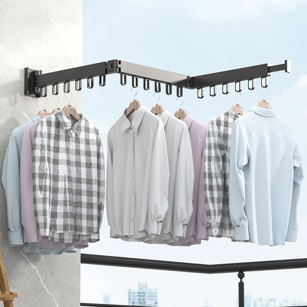 Wall Mount Folding Clothes Hanger Retractable Indoor and Outdoor Aluminum Cloth Drying Rack Space Saving