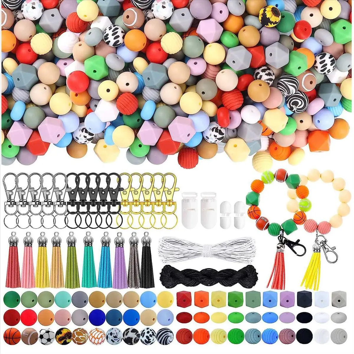 *X07A 275 PCS 15MM Silicone Beads for Keychain Making Kit, Multiple Styles and Shapes Silicone Beads Bulk Rubber Beads