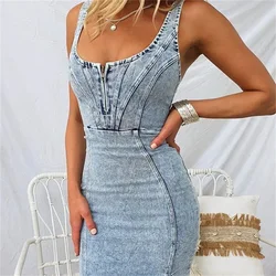 Summer New U Neck Halter Denim For Women's Dresses Fashion Slim Fit Wrap Hip Retro Female Party Sexy Split Sleeveless Dresses