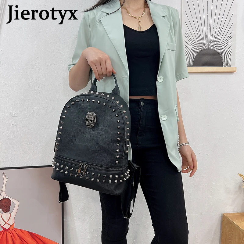 JIEROTYX-mochila de piel sintética con remaches para mujer, bolso escolar de gran capacidad, de diseñador, estilo gótico, color negro