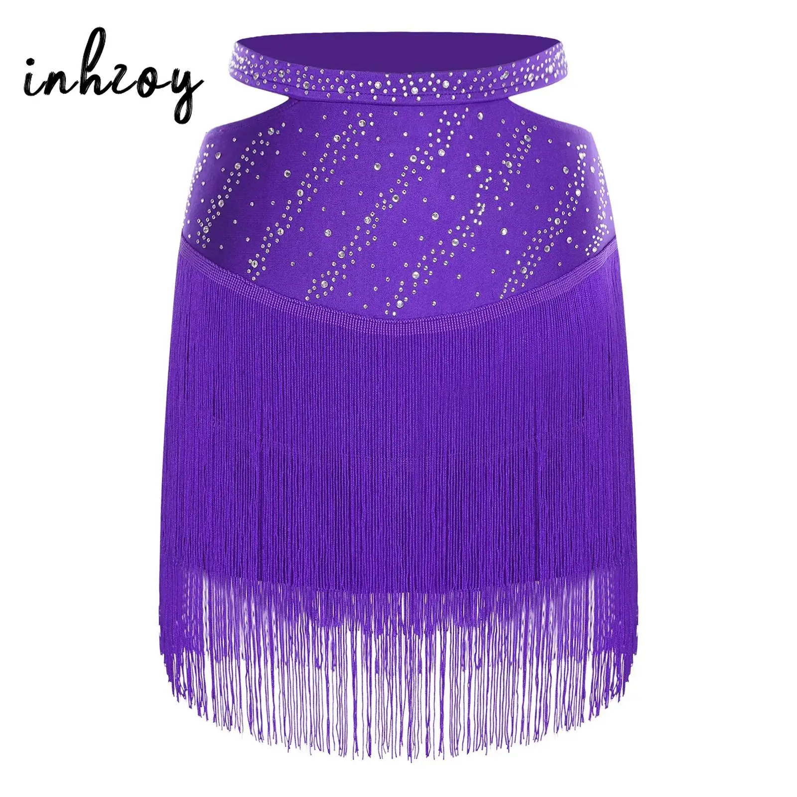 Womens Salsa Cha-Cha Latin Dans Rok Ballerina Prestaties Kostuum Uitsparing Elastische Tailleband Glanzende Steentjes Kwasten Rok