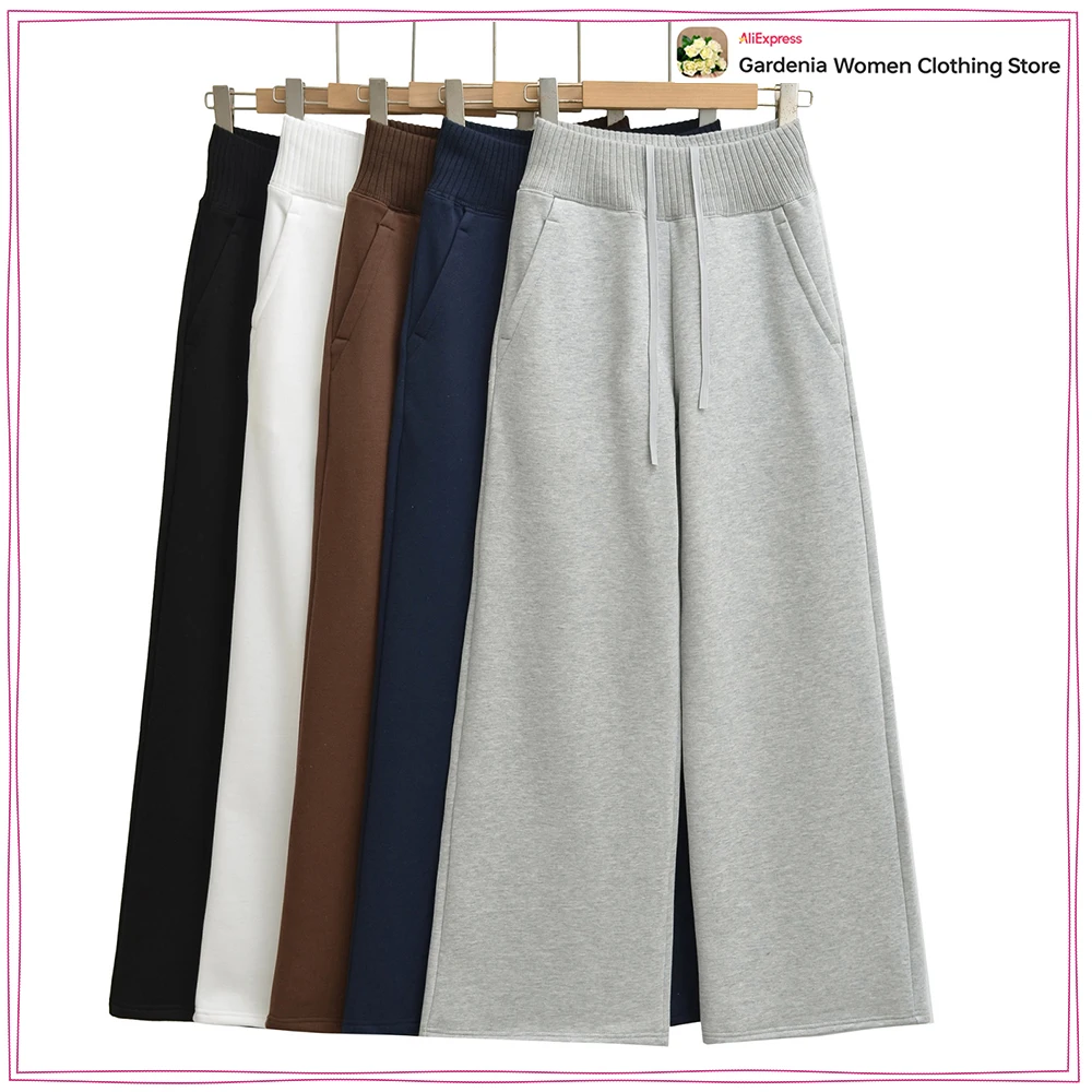 New in Elegant Chic Combination Fleece Sweatpants for Women Comfy Relaxtion Wide Leg Pants with Knit Ribbed Drawstring Waistband